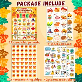 MonEnfance Thanksgiving Bingo Cards, 24 Players Cute Thanksgiving Bingo Game for Kids Adults Famliy Party Game Supplies for Classroom Shool Fall Festival