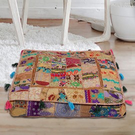 Flyingasedgle Rajasthani Handmade Colorful Decorative Floor Pillow Cover Meditation Patchwork Patchwork Cushion Seating Accent Boho Chic Indian Handmade Cover ONLY (Beige, 35X35X6 Inches Square)
