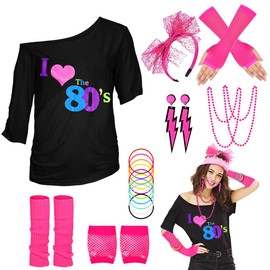 WILDPARTY 80s 90s Outfit Women, I Love 80s T-Shirt, Leg Warmer, Headband, Earring, Necklace, Mesh Gloves, 80s 90s Costume Theme Party Accessories, JD-80SLove-Pink-S Made in China