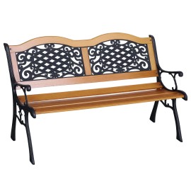 Outdoor Wood Patio Bench With Metal Frame Tilted Backrest Traditional Design For Garden And Porch 2 Person Seatcolor: Teak Color