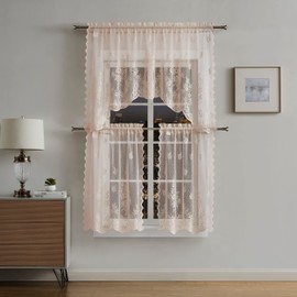 LinenZone Lace Valance and Tiers 3 Piece Lace Kitchen Curtains Set. Cute Cafe Curtains for Vintage and Farmhouse Decor are Perfect for Kitchen or Dining Room. (Flower 3 Piece Set, Linen)