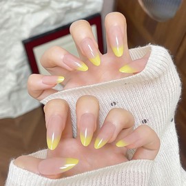 RikView Yellow Press on Nails Medium Fake Nails French Tips Nails Almond Nails Glossy Full Cover Nails for Women 24 PCs/Set
