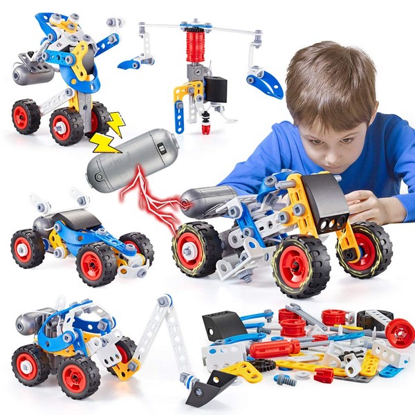 Erector Set for Boys 6-12, Building Toys for Kids Ages 4-8, 5 in 1 STEM Toys Ages 4-7 with Electric Power Motor, Construction Toys for Age 5 7 8 9 Years Old, 113 PCS DIY