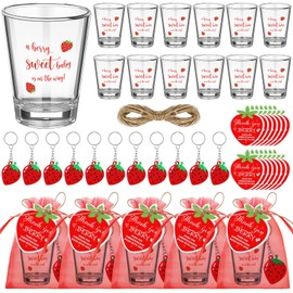 Roshtia 36 Set Strawberry Baby Shower Favors for Guests Clear Acrylic Shot Glasses Thank You Tags Keychains Organza Bags Strawberry Party Supplies for Girl Gender Reveal Favor
