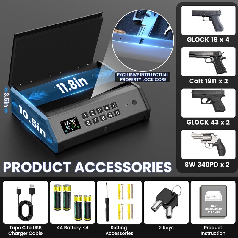 Gun Safe,3 Ways Biometric Pistol Safe with LCD Display of