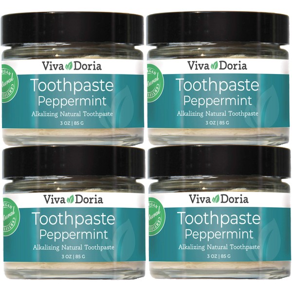 Pack of 4 Viva Doria Fluoride Free Natural Toothpaste - Peppermint (3 oz Glass jar) Refreshes Mouth, Freshens Breath, Keeps Teeth and Gum Healthy