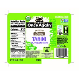 Once Again Organic Sesame Tahini, 5lb Bucket - Salt Free, Unsweetened - USDA Organic, Gluten Free, Vegan, Kosher, Peanut Free
