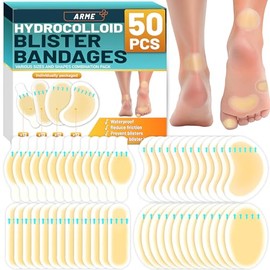 Arme Hydrocolloid Bandages, 50Pcs Gel Blister Bandages for Feet, Waterproof Blister Pads Blister Cushions for Prevention & Recovery, Blister Bandaids for Heel Foot Toe Protection(4 Shape Variety Pack)