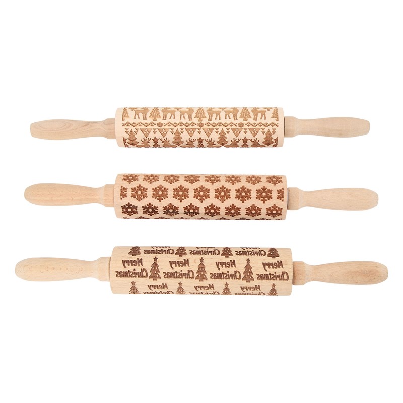 3Pcs Wooden Embossed Rolling Pin Cute Christmas Pattern Engraved Embossing