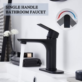 TONNY Matte Black Bathroom Faucet, Single Hole Bathroom Sink Faucet with Pop Up Drain and Water Supply Hose, Single Handle Bathroom faucets for Sink 1 or 3 Hole Deck Mount