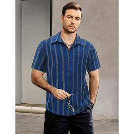 VATPAVE Mens Summer Striped Shirts Button Down Short Sleeve Vintage Beach Hawaiian Shirts with Pocket X-Large Dark Blue