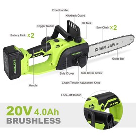 FASTPRO 12" Cordless Chainsaw, 20V 4.0Ah Brushless Chain Saw Kit with 2 Batteries and 2 Saw Chains, For Wood Cutting & Tree Trimming