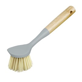 OGGI Natural Bamboo Dish Brush - Non-Scratch, Odorless Nylon Bristles, Durable Scrub Brush with Scraper for Grease & Grime, Safe Cleaning Brush for Non-Stick Cookware - Gray Accent Color