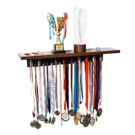 J JACKCUBE DESIGN Trophy and Medal Display Shelf, 25.9 Inch long Organizer with 19 Hooks, Wall Mounted Marathon Race Sports Gymnastics Medals Ribbons Awards Display Holder Rack- MK899C