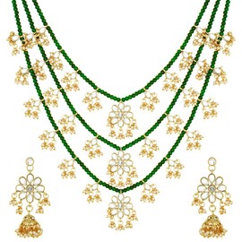 Aheli Ethnic Layered Faux Pearl Kundan Collar Arete Set Tradicional Indio Rani Har Boda Bollywood Party Joyería para Mujeres