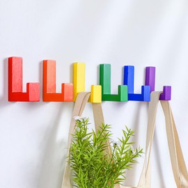 Teenyyou 6 Pack Kids Coat Wall Hooks Cute Kids Room Towel Hooks Wooden Decorative Adhesive Rainbow Wall Mounted Pegs for Keys Hat Coat Bathroom Decor