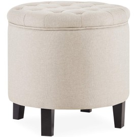 BELLEZE Modern Button Tufted Accent Storage Ottoman, Small Upholstered Circle Pouf Footstool with Lift Top, for Bedroom, Living Room or Vanity, 17-3/4" Round - Lexington (Beige)