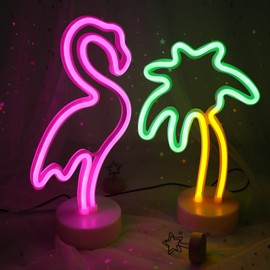 2 Packs Decoration Neon Signs Light Pink Flamingo and Green Palm Tree Neon Wall Decor Lights USB/Battery Powered Neon Lights for Bedroom Girls Kids Birthday Party Christmas (Flamingo&Palm Tree)