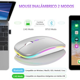 Free wolf X15 Mouse Inalámbrico, Mouse Bluetooth y 2.4GHz Modos Dual Recargable y Ergonómico, Click Silencioso con Receptor USB 3 Ajustable dpi Ratón para Computadora, Portátil, PC, Mac (Plata)