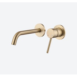 Wall Mount Bathroom Faucet - Weshi Brushed Gold Bathroom Sink Faucet - Single Handle Vanity Tap - Curved Wall Spout Basin Faucet with Rough-in Valve
