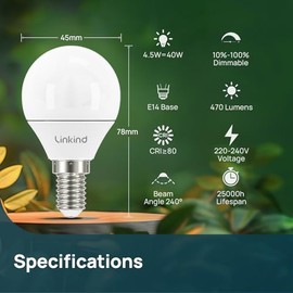 Linkind Linkind E14 Dimmbar Led 4.5W Golf Ball P45/ G45 Lampe, ersetzt 40 Watt, 5000K Tageslicht-Wei? E14 Leuchtmittel 500LM, 6 Stck