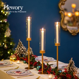 Hewory Gold Candle Holders Tall Hurricane Candlestick Holders: 6Pcs Brass Taper Candle Holder Candelabra Centerpieces, Candle Stick Candle Holder with Candle Cover for Wedding Dinner Christmas Decor