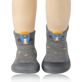 SEBELLST Baby Boy Sock Shoes Animal Rubber Sole Non-Skid Indoor Slipper Infant Boys First Walking Floor Slipper Toddler Soft Sole Cotton Breathable Lightwewight Baby Shoes (Grey rocket, 12-18 months)