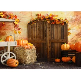 Alltten 7X5FT Fall Thanksgiving Backdrop Autumn Harvest Thanksgiving Background Pumpkins Maple Leaves Rustic Wooden Floor Barn Harvest Decor Backdrop Party Supplies Studio Props F87
