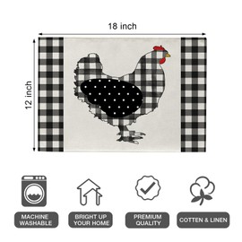 Seliem Farm Chicken Hen Animal Placemats Set of 4, Black White Buffalo Check Plaid Farmhouse Chick Dining Table Place Mats, Spring Summer Country Rustic Kitchen Decor Home Decoration 12 x 18 Inch