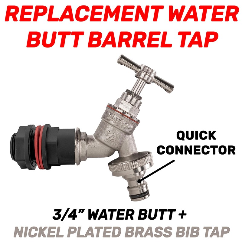 Water butt/rain barrel/tank adaptor+bib tap,1/2" bsp (21mm hole) or 3/4"