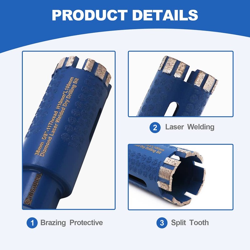 HIGHDRIL Diamond Core Drill Bit,Diameter 1-1/2inch/38mm with 5/8-11 Thread,Dry Hole