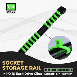 EGOFIX 1/4-Inch Drive Heavy Duty Socket Holder Kit ABS, Socket Rail 16 Clips Green, 2 Pieces