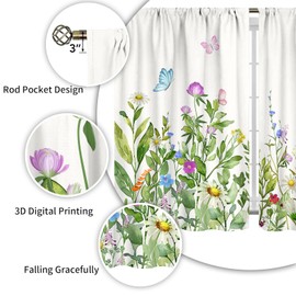 Floral Butterfly Kitchen Curtains Farmhouse Spring Colorful Flower Small Short Cafe Windows Curtains Watercolor Tier Curtains for Bathroom Window Living Room Rod Pocket Treatment Drapes (28x39 Inch)