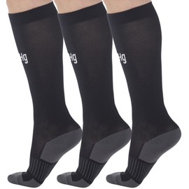 (3 Pack) MMHG Compression Socks Women & Men 20-30 mmHg for Nursing Sports Running Athletics Travel Flight Work - Unisex Knee High Support Stocking - Black, Large