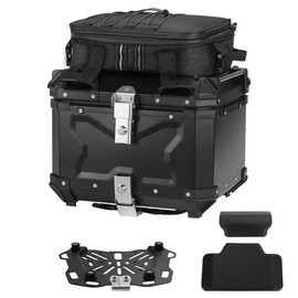 TINGPAI Motorcycle Top Case Set，Including Tail Box、Base Bracket、Backrest、Bag，Waterproof Aluminum Handle Motorcycle Helmet Case,Tail Box with Security Lock (Black, 45L)