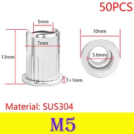 Qrity 50 PCS Rivet Nut, Stainless Steel Flat Head Threaded Insert Nutsert Kit, M5 Fasteners Nut