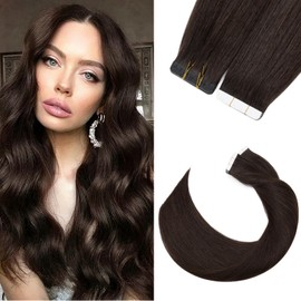Silk-co Tape in Hair Extensions Human Hair Remy Real Hair Extension 14inch Invisible Straight Seamless Skin Weft With Glue Straight Silky Soft 10 Pieces*1g 10g/Set - #02 Dark Brown