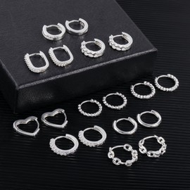 Hoop Earrings for Women, ALEXCRAFT 9 Pairs Multipack Silver Hoop Earrings Set, Hypoallergenic Small Piercing Huggie Cartilage Hoop Earring with Zircon Silver Twist Heart Square Chain Hoop Earrings