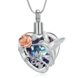 Hummingbird Cremation Jewellery Crystal Heart Urn Ash Necklace for Women Men Memorial Keepsake Necklace from Loved Ones, Stainless Steel, No gemstone.