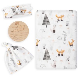 BabyWhale Muslin Swaddle Blanket with Hat and Headband Bow, Animals Print Swaddle Set for Baby Boys ＆ Girls, Newborn Soft Receiving Blanket Wrap, Owls, Foxes, Hedgehogs Pattern, 120x120cm