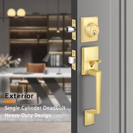 EHOMEWARE 1 Set Entry Door Handle and Single Cylinder Deadbolt Lock and Key Combo Pack - Heavy Duty Square Locking Lever Set - Interior/Exterior Door Levers in Satin Brass Finish