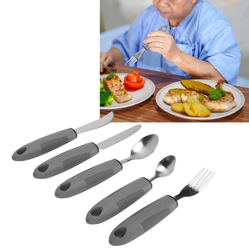 Adaptive Utensils, 5 Piece Stainless Steel Rubber Handles for Hand