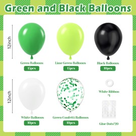60pcs 12inch Green and Black Balloons, Black White Lime Green Confetti Balloons for Football Theme Party Baby Shower Video Game Birthday Decorations