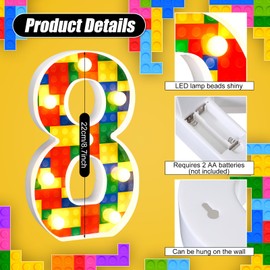 Baquler Building Block Light up Number Birthday Decoration Sign Marquee LED Numbers for Party Lighted Building Block Theme Birthday Party Supplies 8.58''(Number 8)
