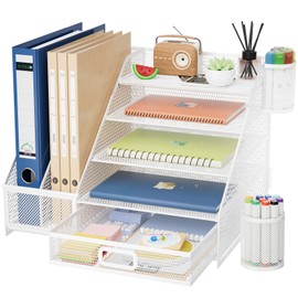 Marbrasse Desk Organizer with File Holder, 5-Tier Paper Letter Tray Organizer with Drawer and 2 Pen Holder,Mesh Desk Organizers and Accessories,Desktop Organizer and Storage for Office Supplies(White)