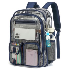 Kouxunt Clear Backpack Heavy Duty Transparent Backpacks Stadium Approved for School Work Sport Travel (Navy Blue)