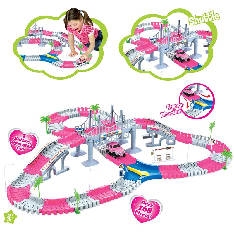 168 PCS Pink Magic Bendable Race Track Toy, Snap Together