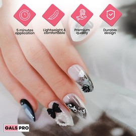 GALSPRO Short Press on Nails - Set of 24 Fake Nails with Designs in 12 Different Sizes for Perfect Fit, Cute False Nails Kit for Women with 0.07oz Nail Glue (HARMONY NOIR ALMOND SHAPE, Short)