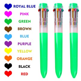 HeTaoCat Multicolor Pens 3 Pack 0.5mm 10-in-1 Retractable Ballpoint Pens - 10 Colors Transparent Barrel Ballpoint Pen for Office Supplies (Green)
