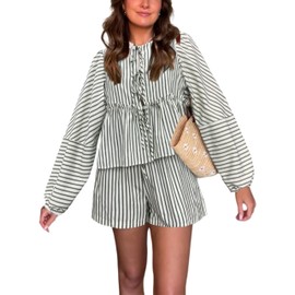 Bankeng Women Y2K Tie Front 2 Piece Shorts Set Plaid Long Puff Sleeve Peplum Top Summer Cute Lounge Sets（Green,M